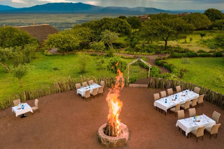 Lake Manyara Kilimamoja Lodge Boma Dinner Setup with Bonfire